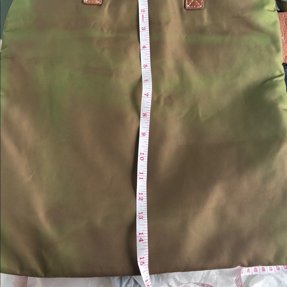 COCCINELLE BRAND MADE IN ITALY OLIVE GREEN AND BROWN SATIN LIKE CANVAS TOTE BAG - Picture 11 of 12